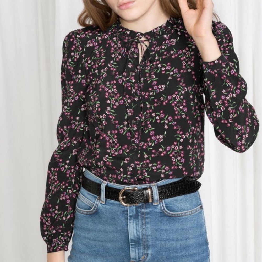 & Other‎ Stories frilled dark ditsy floral blouse ruffle trim tie neck boho 36 6